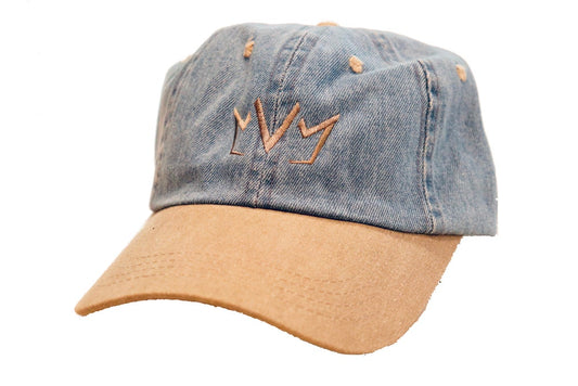 Frontside view of The Blue Jean Dad Hat showing the MVM Crown embroidered on the front.