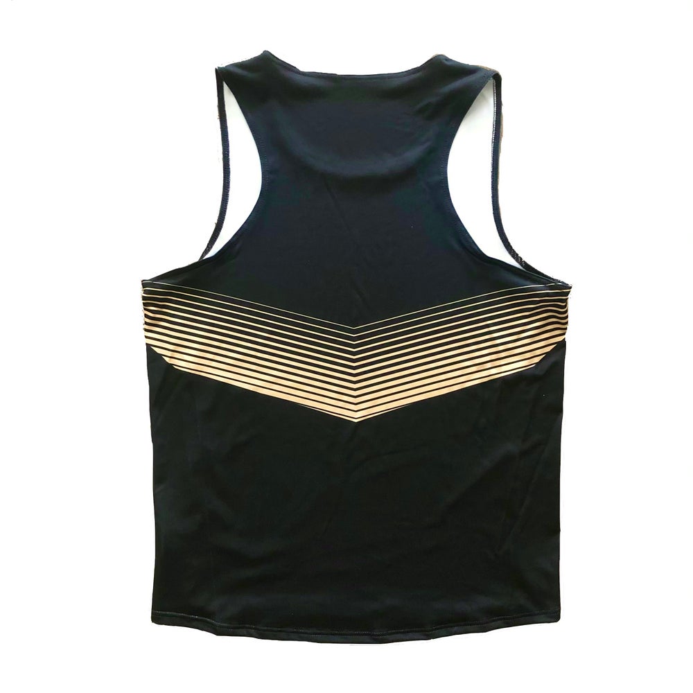 The backside of the MVM Competition Tank Top in black and Vegas gold.