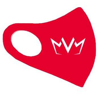View of the red MVM FaceMask Lite with the MVM Crown logo.