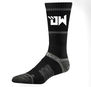 Side profile of the DW Crew Sock showing professional track athlete Devon Williams' DW logo on the side.