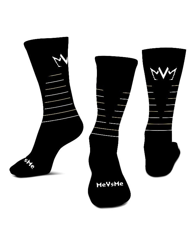 3 views of the MVM Performance Cushioned Crew Socks with the MVM Crown logo shown on the back, and MeVsMe shown on the toe.