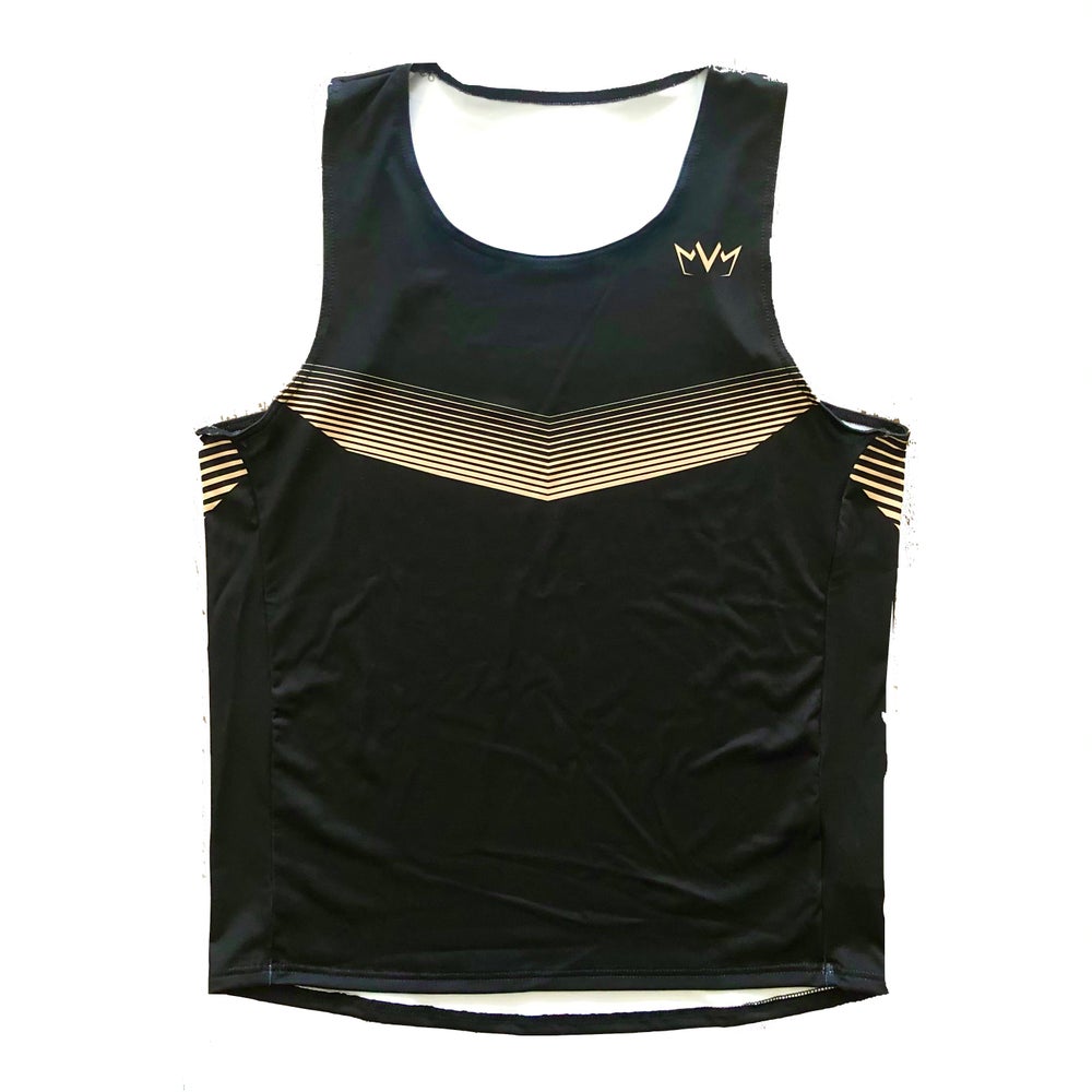 The frontside of the MVM Competition Tank Top in black and Vegas gold with the MVM Crown on the left chest.