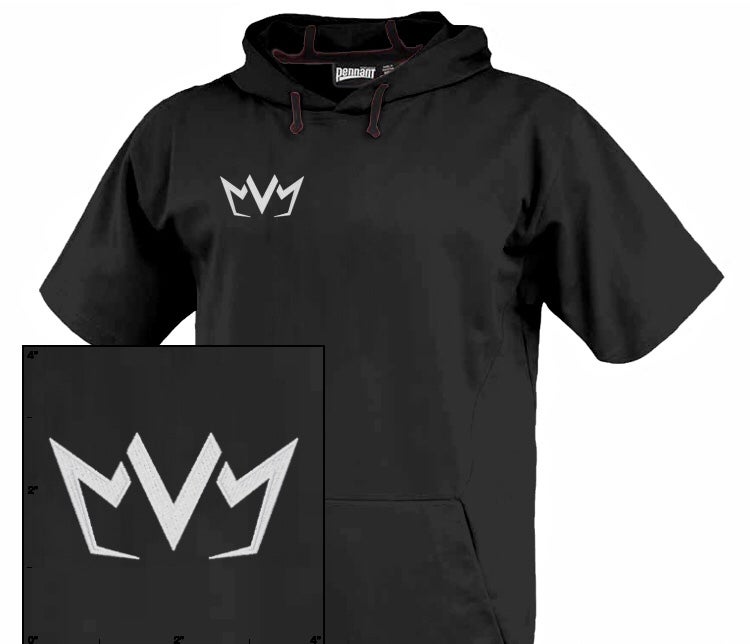 Frontside view of the MVM Short Sleeve Hoodie showing the MVM Crown embroidered on the right chest.