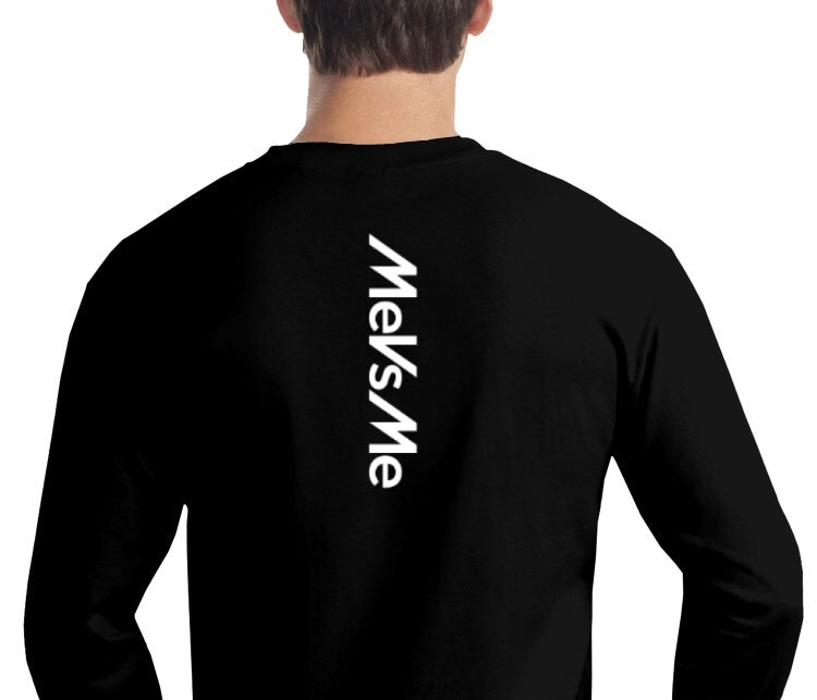 Backside of the MVM Long Sleeve Tee with MeVsMe printed vertically down the center of the back.