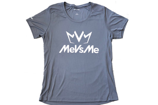 Frontside view of the iron grey Women's MVM Performance Tee with MeVsMe logos.
