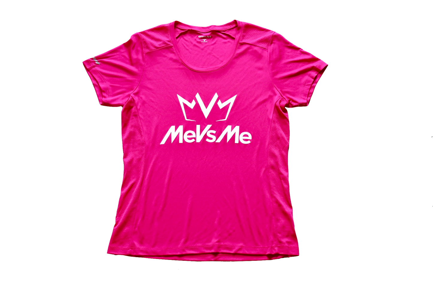 Frontside view of the pink Women's MVM Performance Tee with MeVsMe logos.