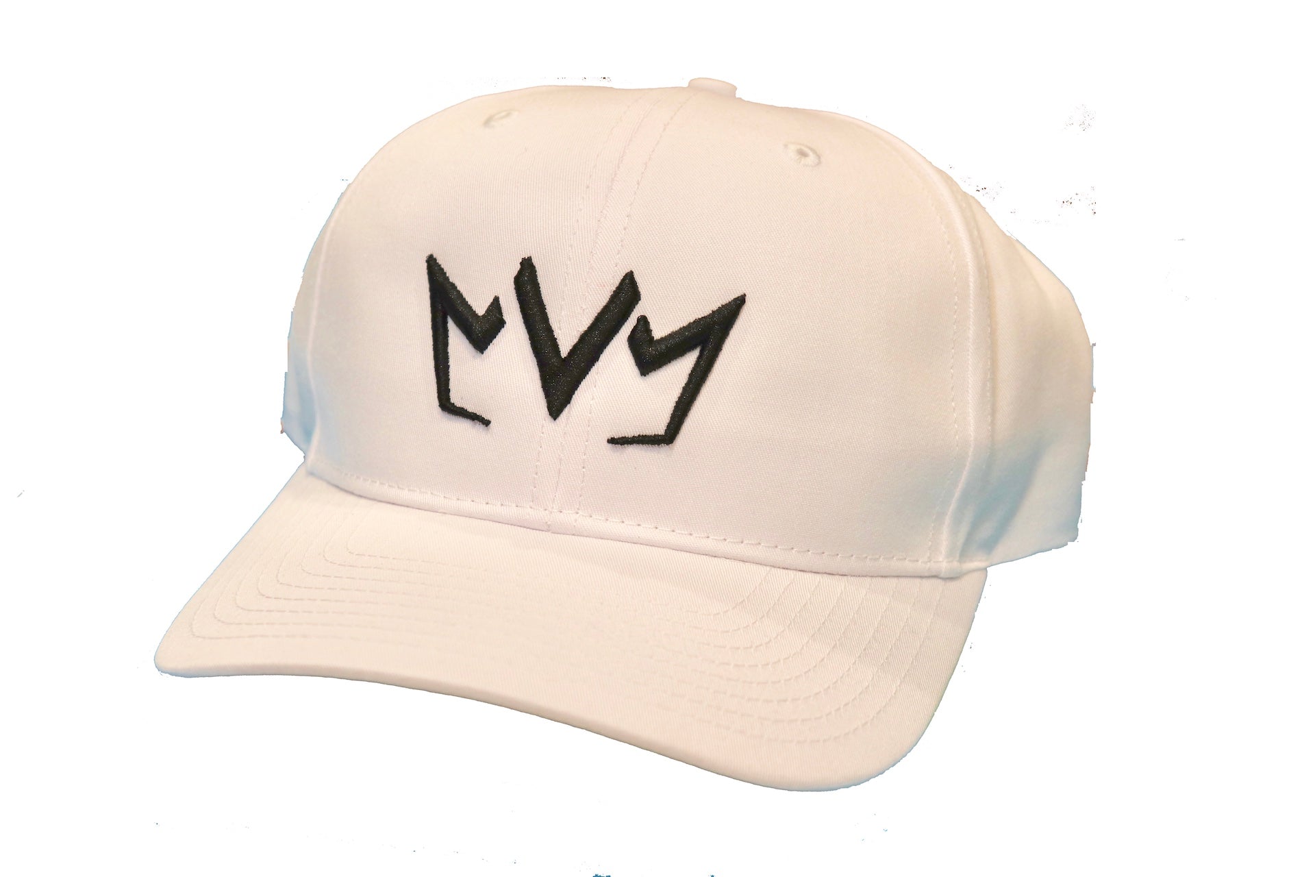 White MVM Crown Snapback with the MVM Crown embroidered in black on the front.