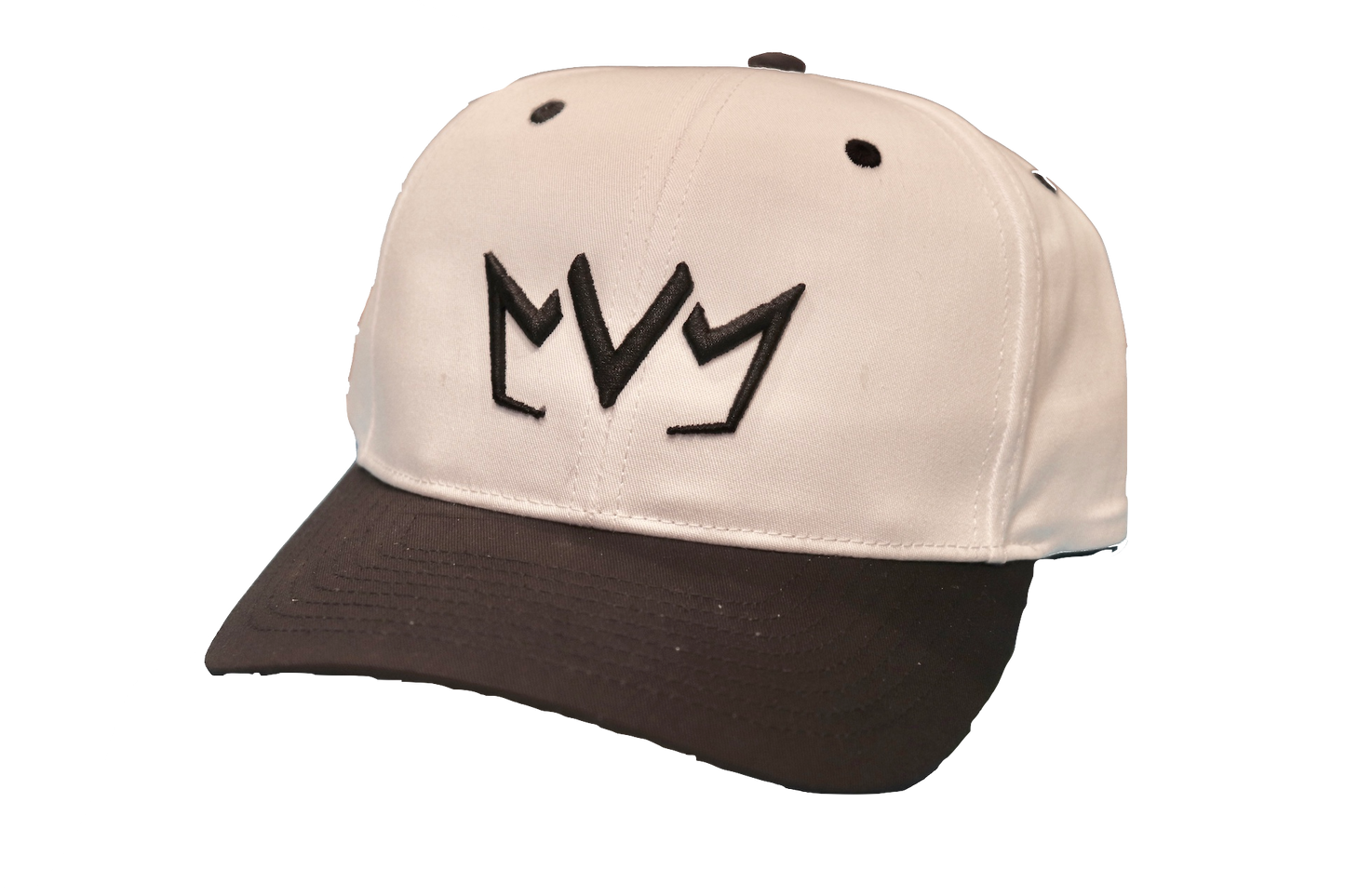White and black MVM Crown Snapback with the MVM Crown embroidered in black on the front.